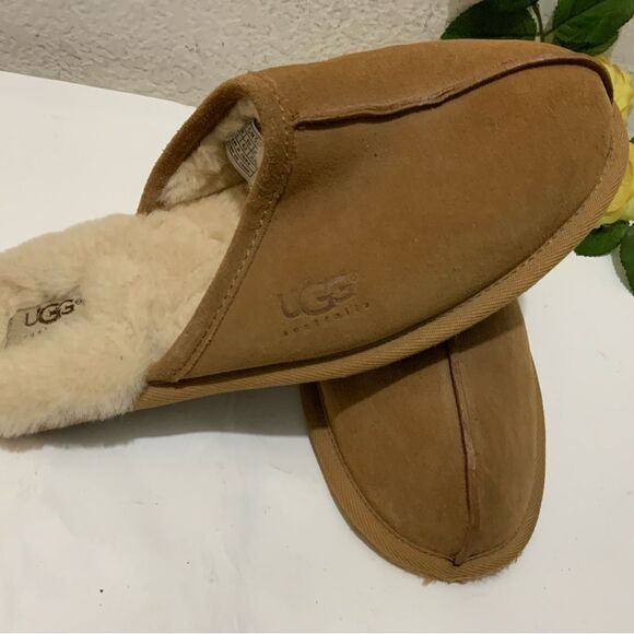 UGG Authentic Mens Scuff Leather Cozy Slippers Shoes Tan 5172 size9 - Picture 5 of 9
